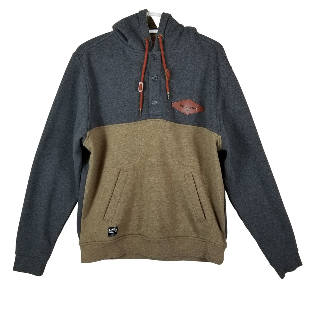 Kimes Ranch Hoodie Mens Medium Gray Tan Colorblock Western Henley Fleece